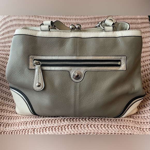 COACH Laura Spectator Satchel. All Pebble Grain Leather. Gray with White/Black. - Picture 2 of 10
